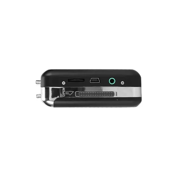 Connectique du baladeur cassette noir Reshow avec prise jack, port USB et bouton volume