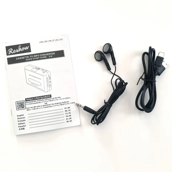 photo notice du baladeur cassette convertisseur mp3 vu du dessus avec écouteurs et câble usb