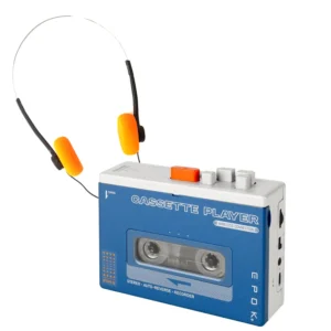 Le baladeur cassette Epok bleu et blanc, accompagné de son casque audio filaire orange et noir de style vintage.